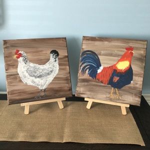 SET 12” x 12” Original artwork Farm Painting Chicken & Rooster Acrylic Paintings